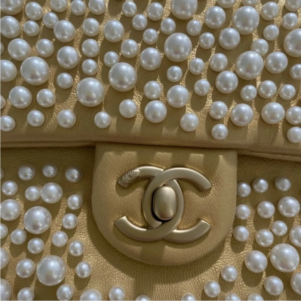 Authentic Rare Chanel Gold Pearl-Studded Flap Hand Bag